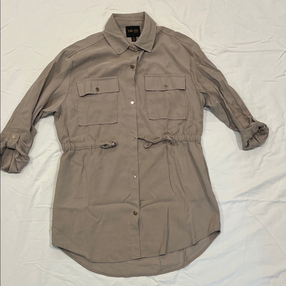 Truth by Republic Beige Mini Shirt Dress Tunic Utility Sleeve Snaps Med